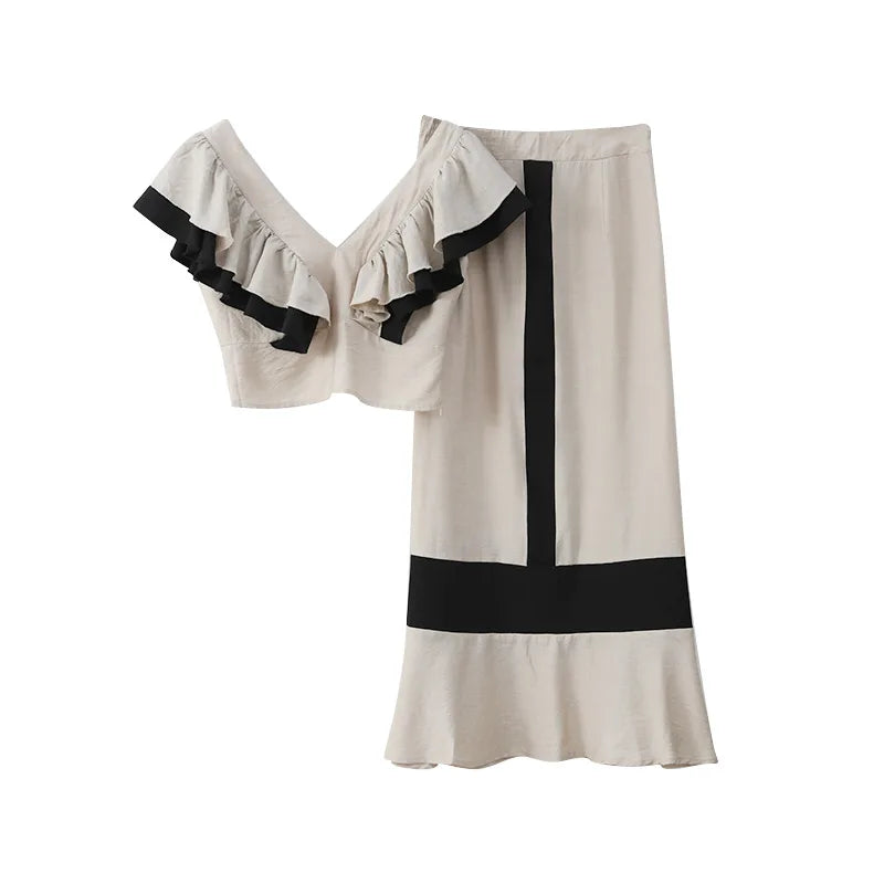 Black & Beige Ruffles Crop Top and Long Skirt Set