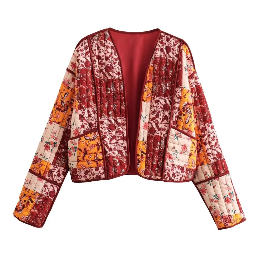 Quilted Warm Florals Patchwork Print Boho Jacket