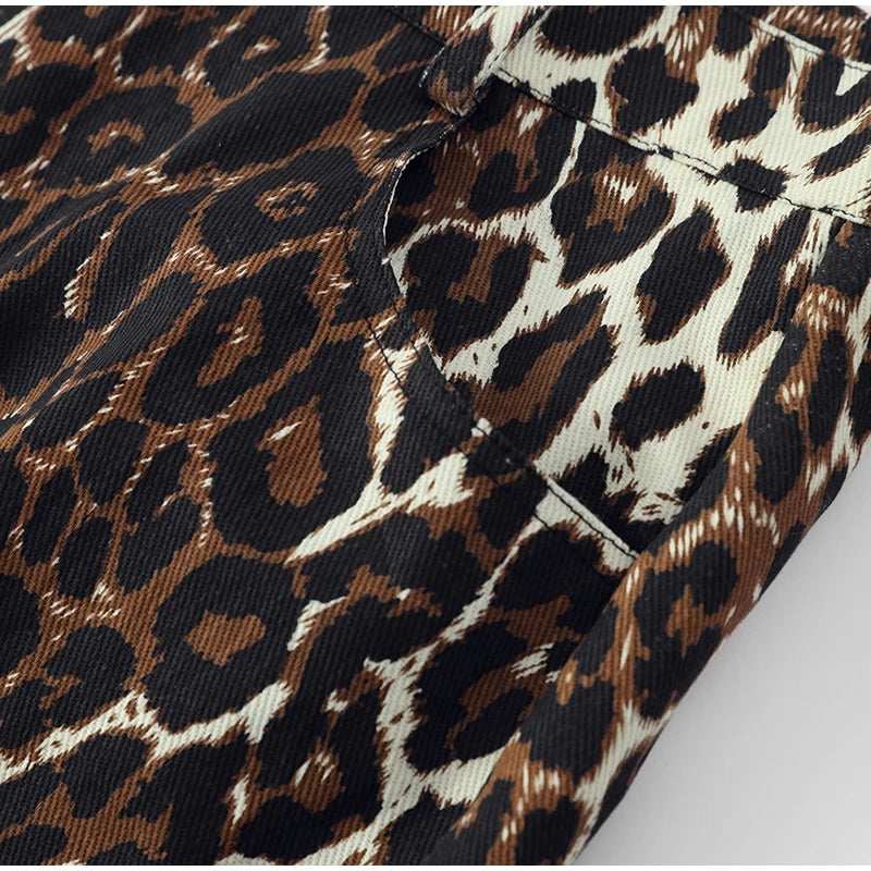 Leopard Print Wide Leg Straight Trousers