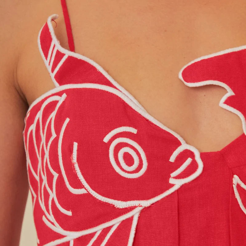 Koi Fish Appliqué Red Long Dress