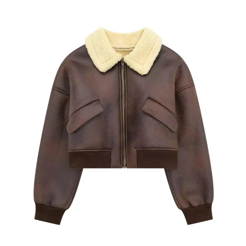 Cropped Faux Leather Bomber Jacket with Fleece