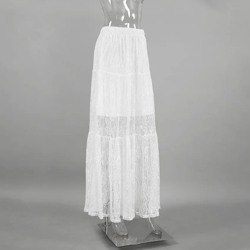 White Lace Layered Tiered Maxi Skirt