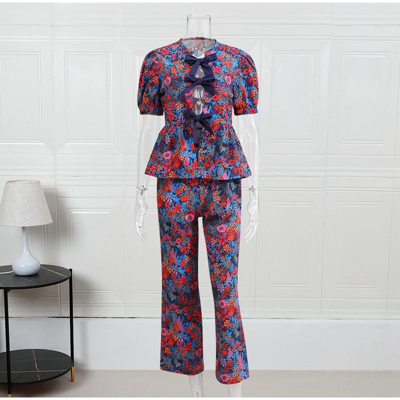 Floral Puff Sleeve Bow Ties Blouse With High Waist Trousers Set