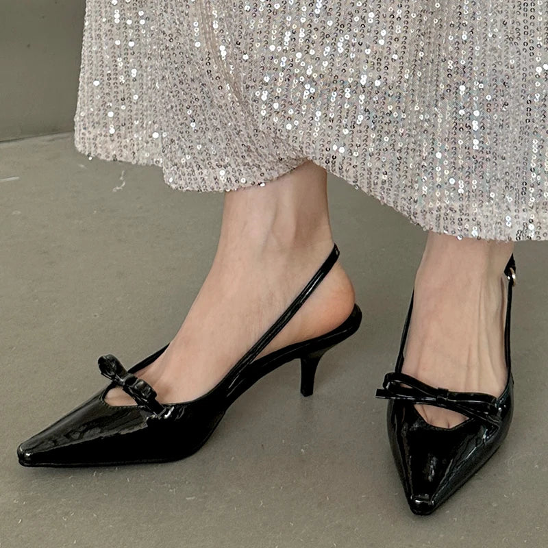 Patent Faux Leather Kitten Heel Slingback Shoes
