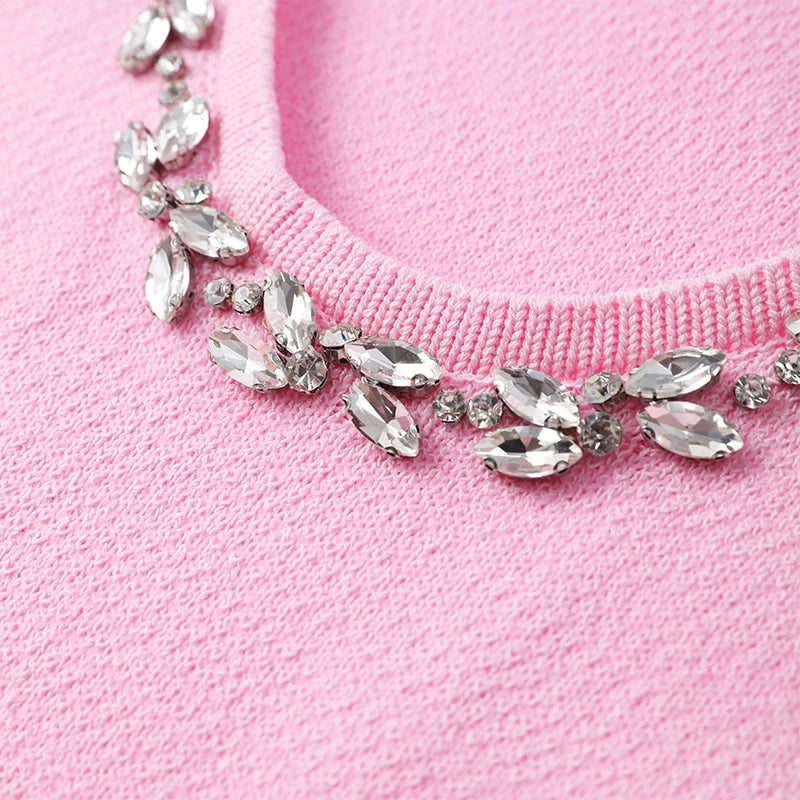 Rhinestone Aplique Pink Knit Mini Dress