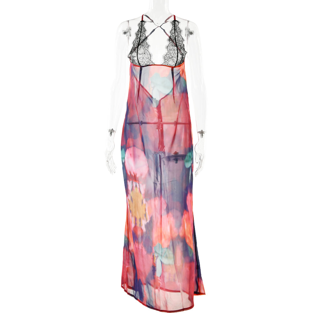 Floral Lace Tie Dye Long Slip Dress