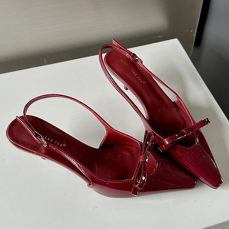 Patent Faux Leather Kitten Heel Slingback Shoes