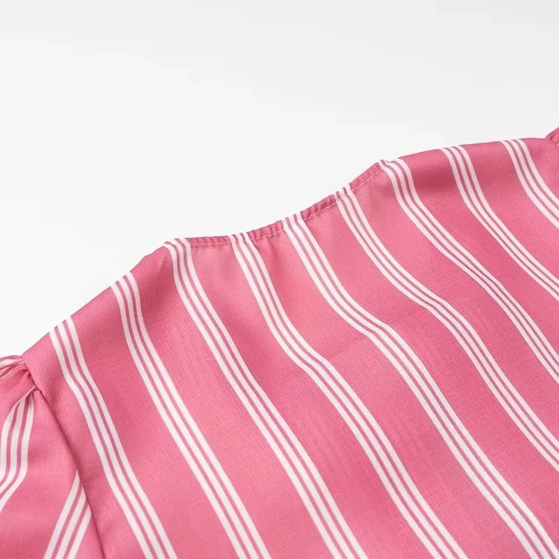 Stripes Puff Sleeve Peplum Bow Ties Blouse Top