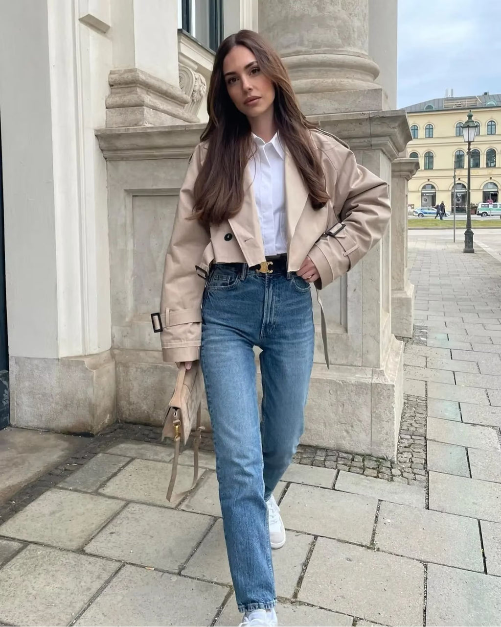 Khaki Cropped Trench Long Sleeves Frayed Detail Jacket