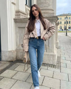 Khaki Cropped Trench Long Sleeves Frayed Detail Jacket