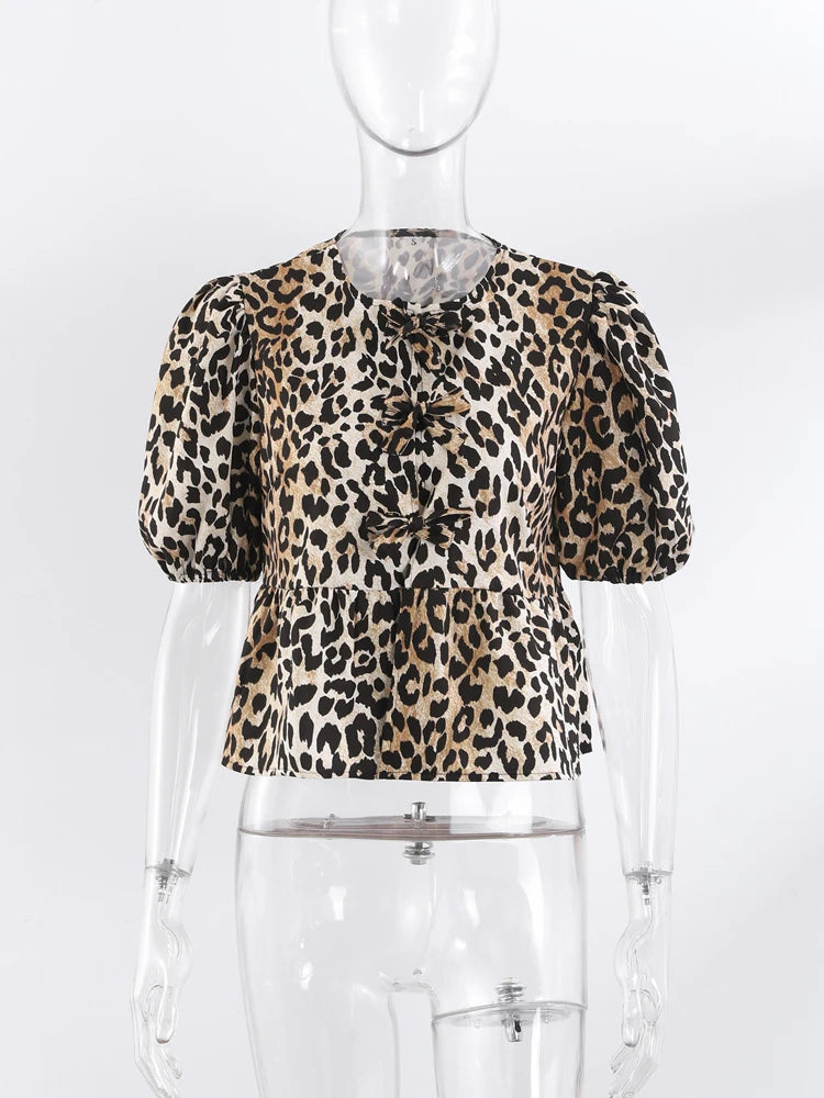 Leopard Print Puff Sleeve Peplum Bow Ties Blouse Short Top