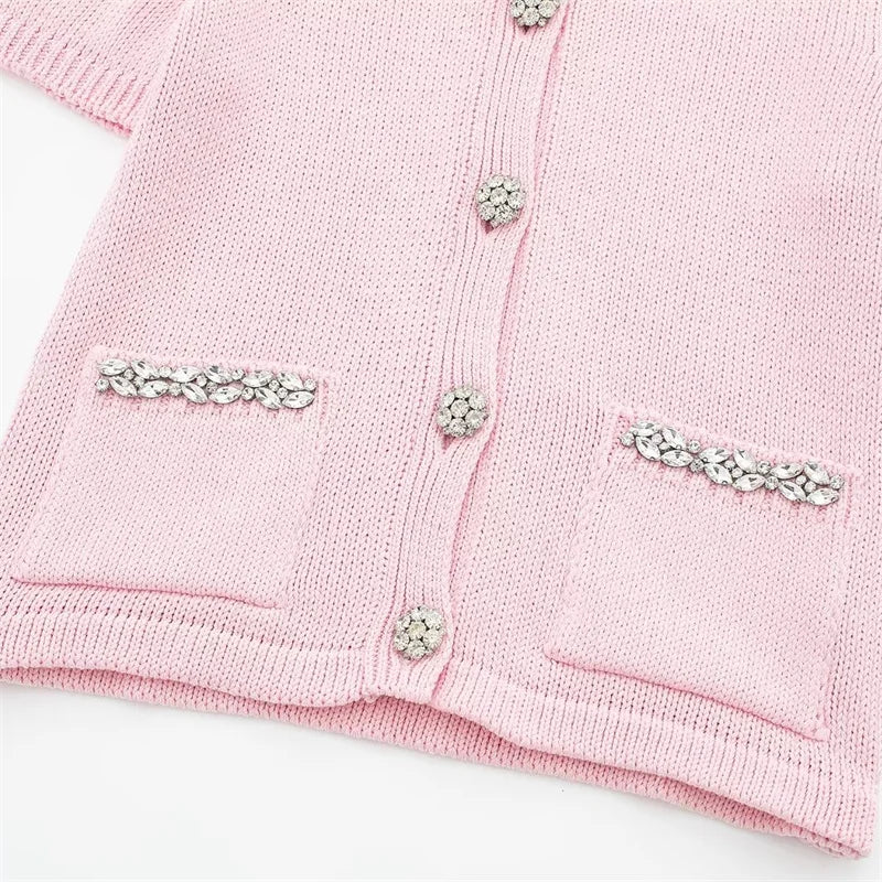 Pink Knit Cardigan Top with Rhinestone