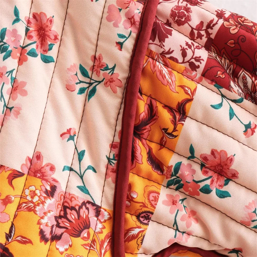Quilted Warm Florals Patchwork Print Boho Jacket