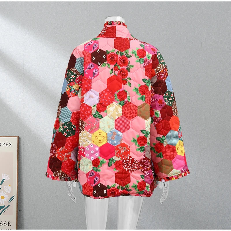 Octagon Tile Print Patchwork Quilted Kimono Jacket