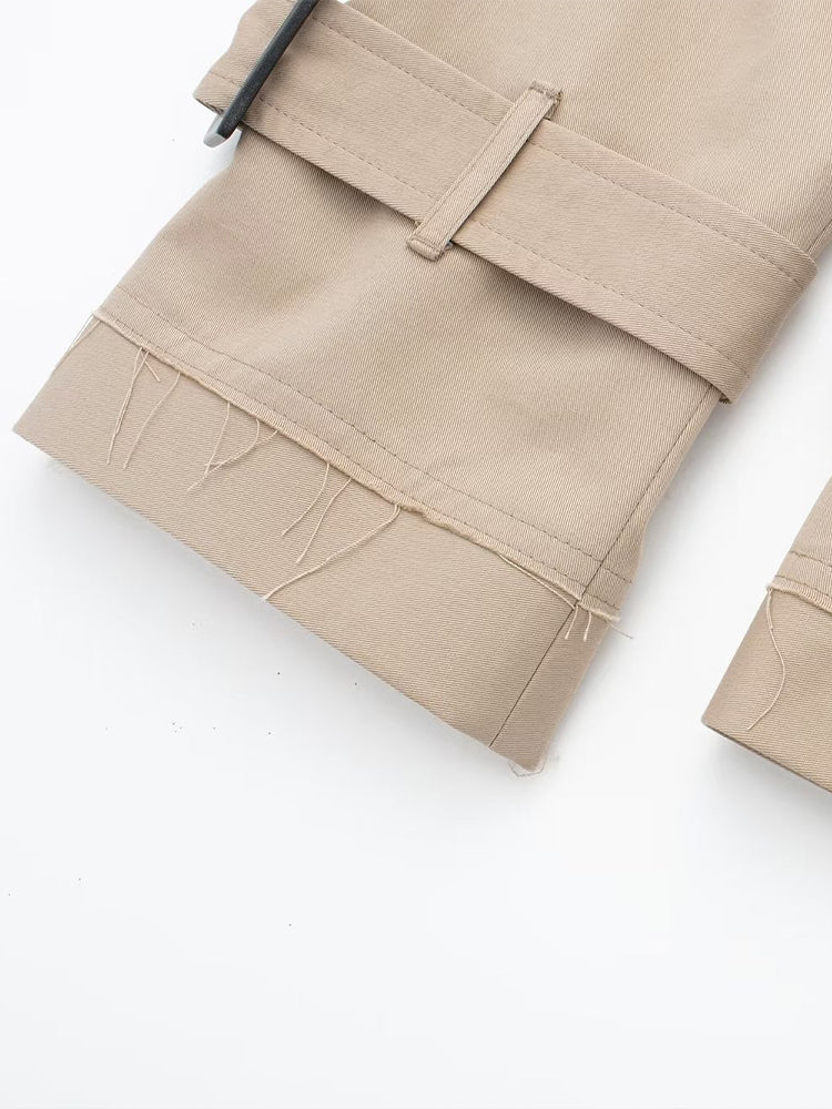 Khaki Cropped Trench Long Sleeves Frayed Detail Jacket