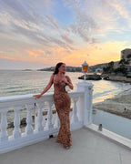 Leopard Cowl Neck Chiffon Sheer Maxi Long Sexy Dress