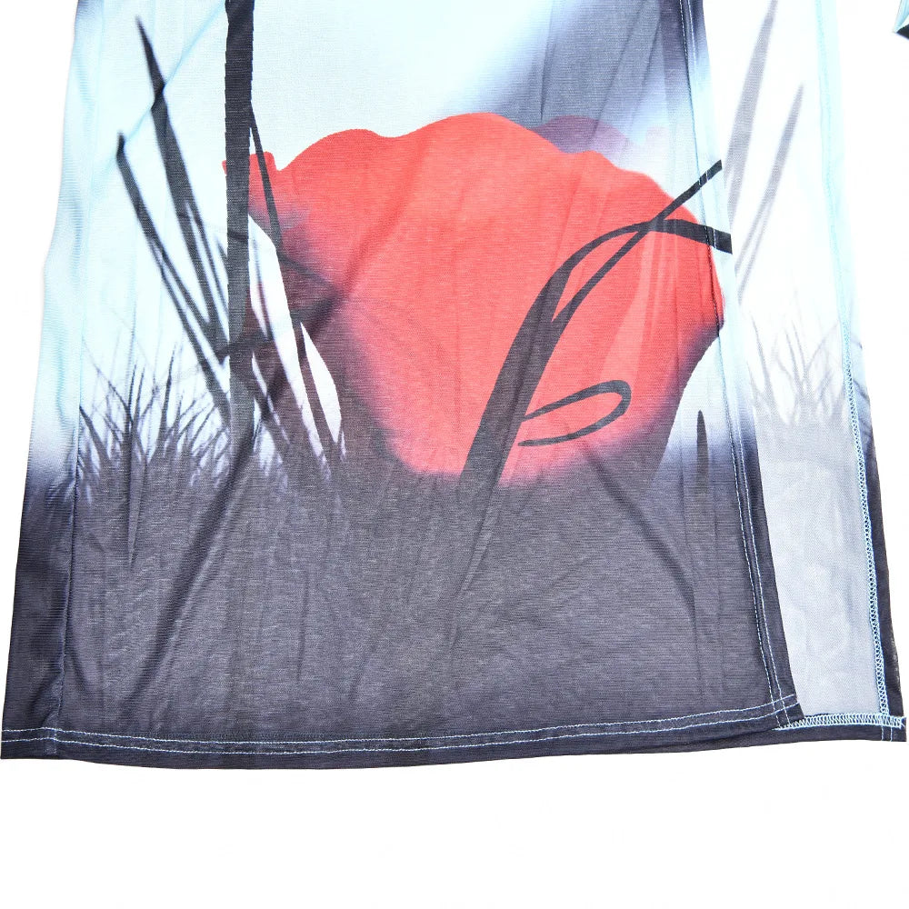 Tulip Printed See Through Mesh Dress