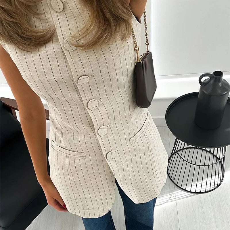 Long Buttoned Stripes Waistcoat Top