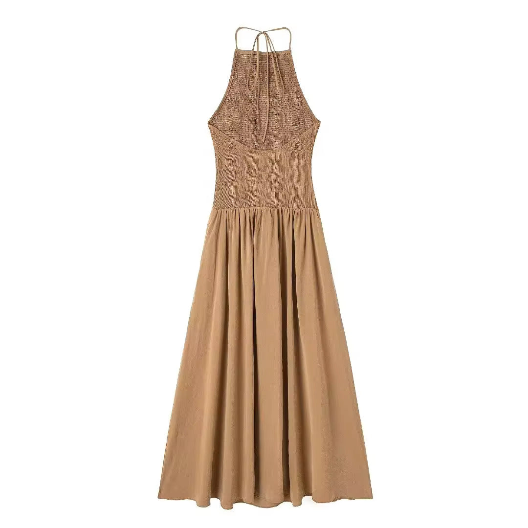 Brown Smock Low Back Midi Dress