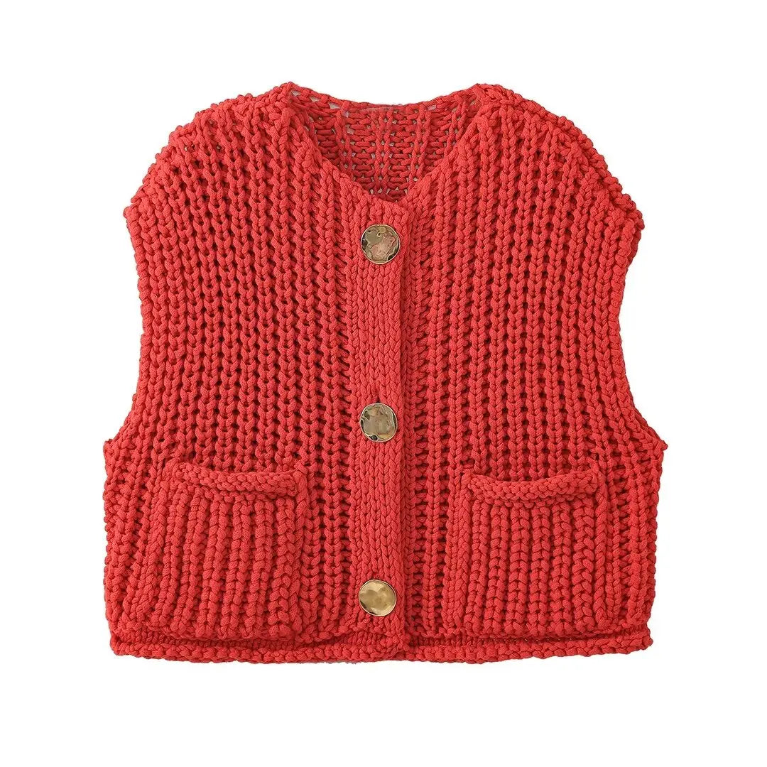 Red Knit Gilet with Gold Buttons