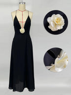 Deep V Flower Apliqué Sheer Dress