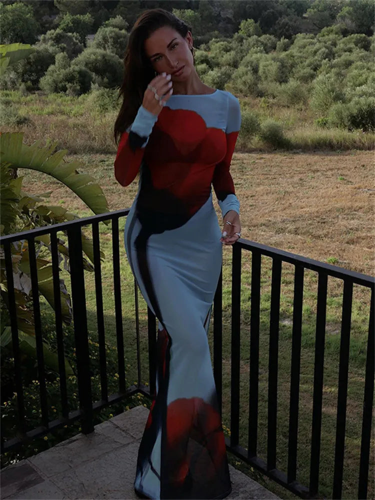 Tulip Printed See Through Mesh Dress