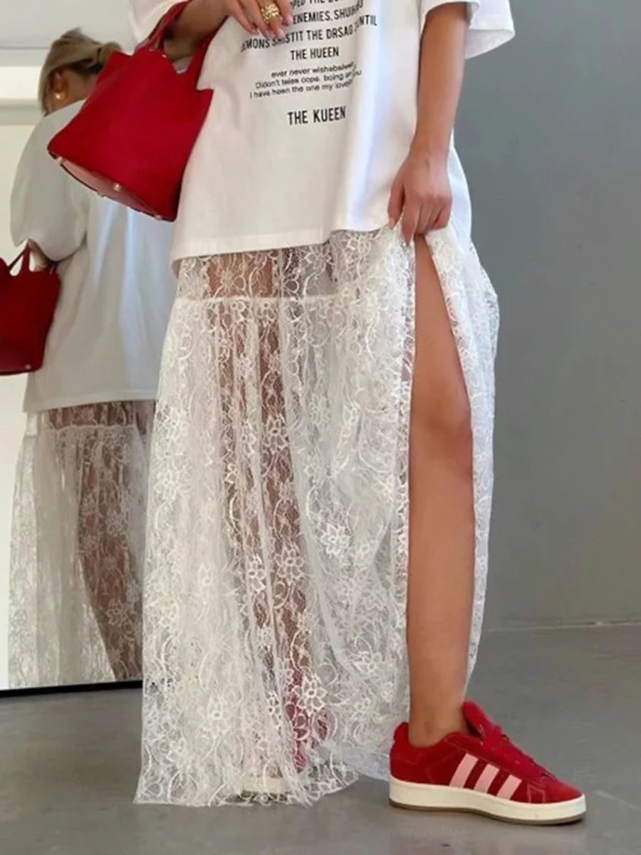 White Lace Layered Tiered Maxi Skirt