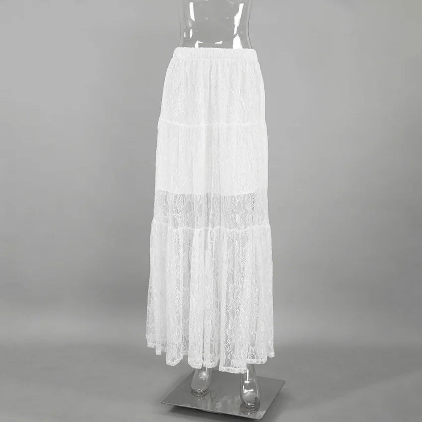 White Lace Layered Tiered Maxi Skirt