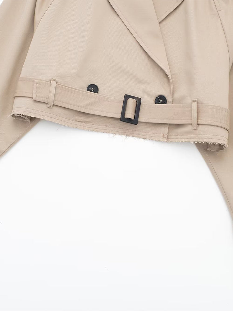 Khaki Cropped Trench Long Sleeves Frayed Detail Jacket