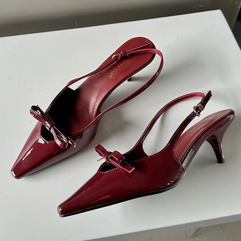 Patent Faux Leather Kitten Heel Slingback Shoes