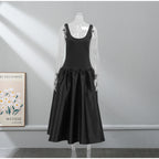Jersey and Satin Drop Waist Black Vest Dress