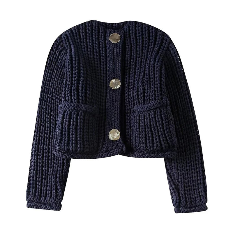 Cropped Cardigan Chunky Knit Blue Cardigan Navy Chunky Knit