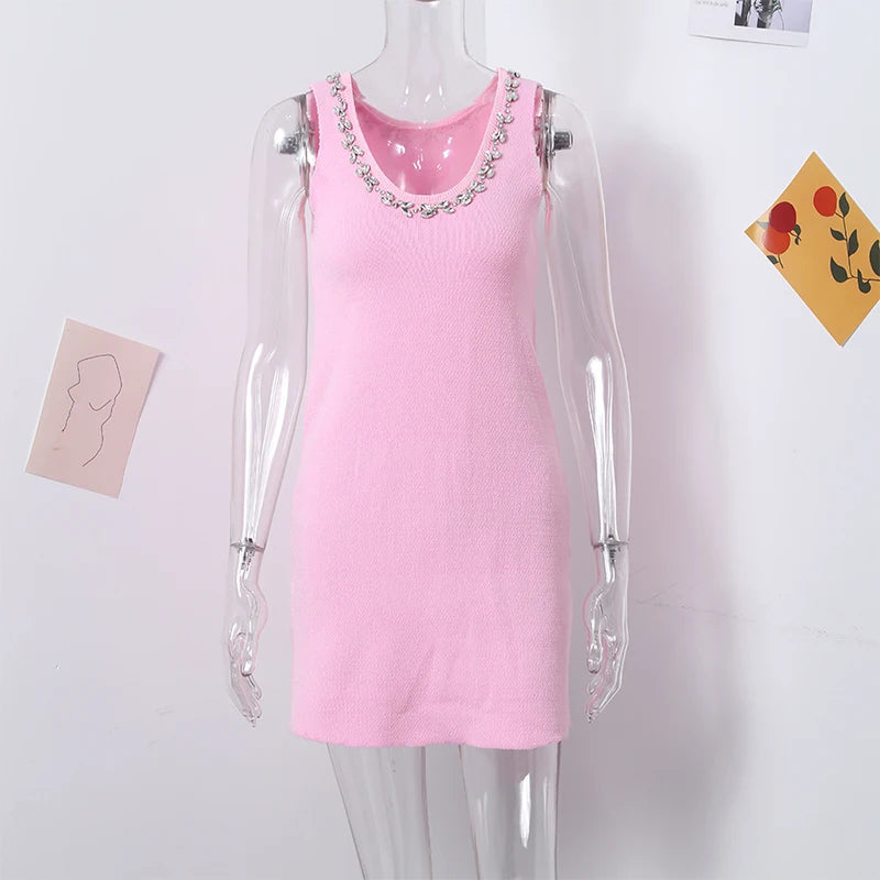 Rhinestone Aplique Pink Knit Mini Dress