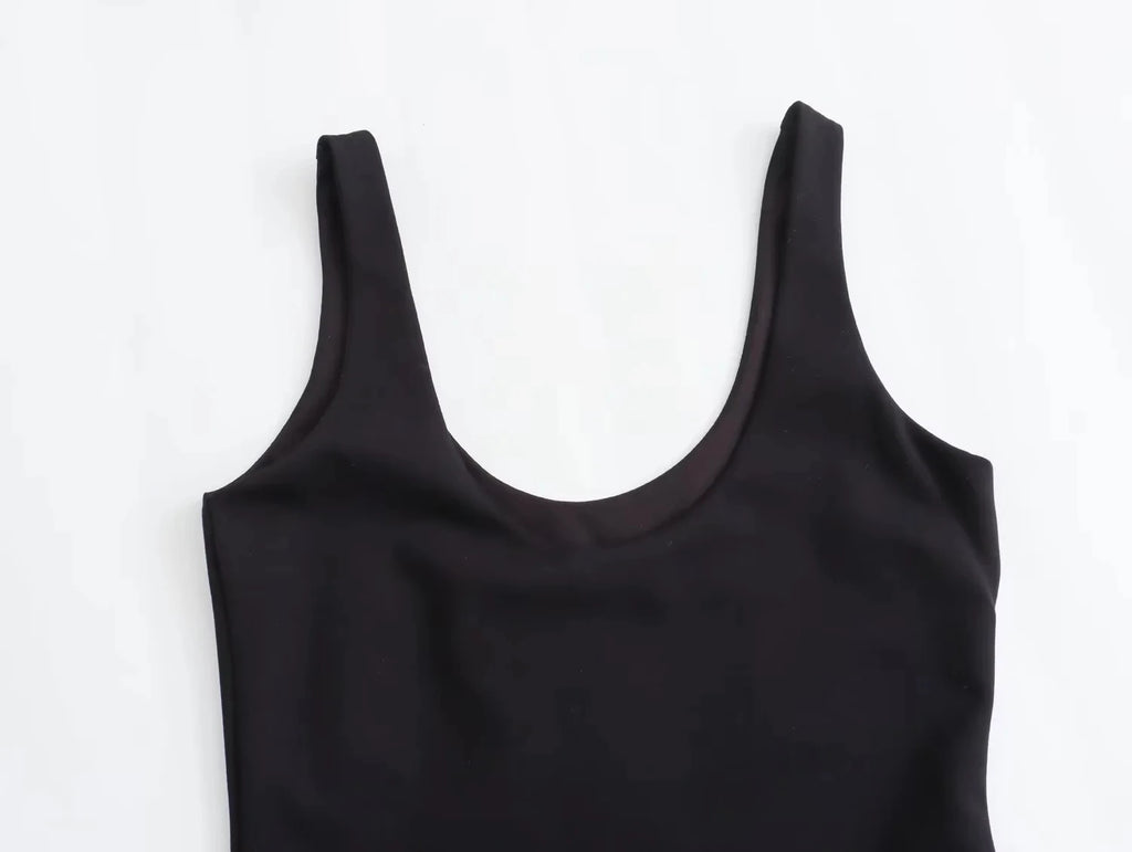 Jersey and Satin Drop Waist Black Vest Dress