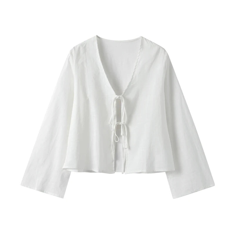 Cropped Bell Sleeves Blouse With Ties