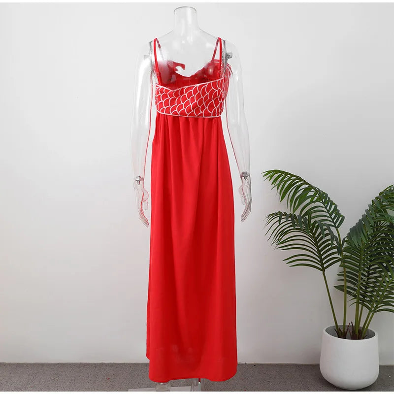 Koi Fish Appliqué Red Long Dress