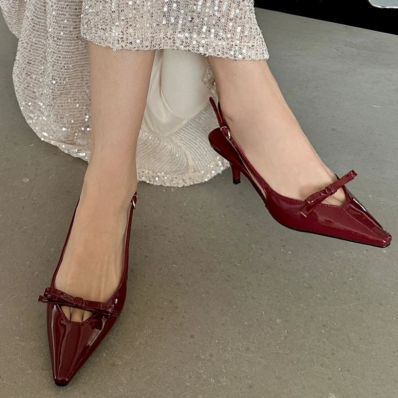 Patent Faux Leather Kitten Heel Slingback Shoes