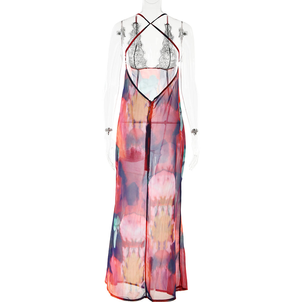 Floral Lace Tie Dye Long Slip Dress