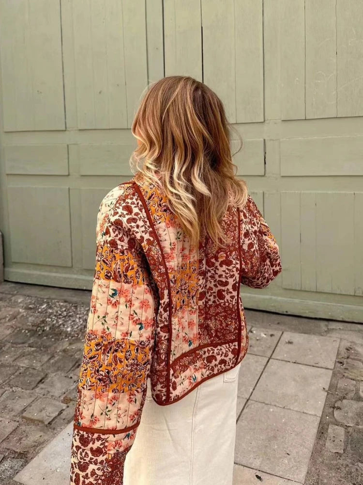 Quilted Warm Florals Patchwork Print Boho Jacket