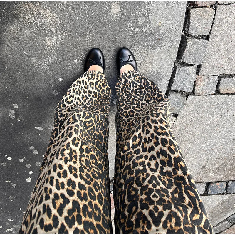 Leopard Print Wide Leg Straight Trousers