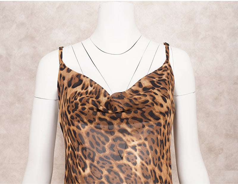 Leopard Cowl Neck Chiffon Sheer Maxi Long Sexy Dress