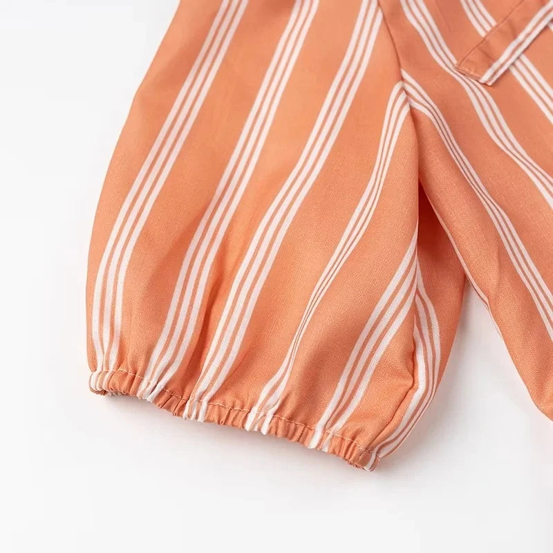 Stripes Puff Sleeve Peplum Bow Ties Blouse Top