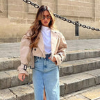 Khaki Cropped Trench Long Sleeves Frayed Detail Jacket