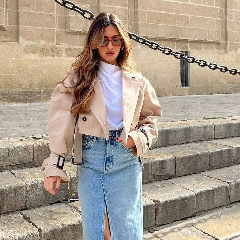 Khaki Cropped Trench Long Sleeves Frayed Detail Jacket