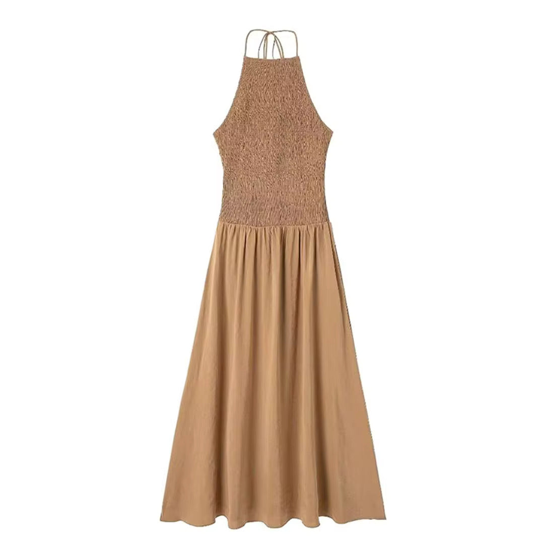 Brown Smock Low Back Midi Dress