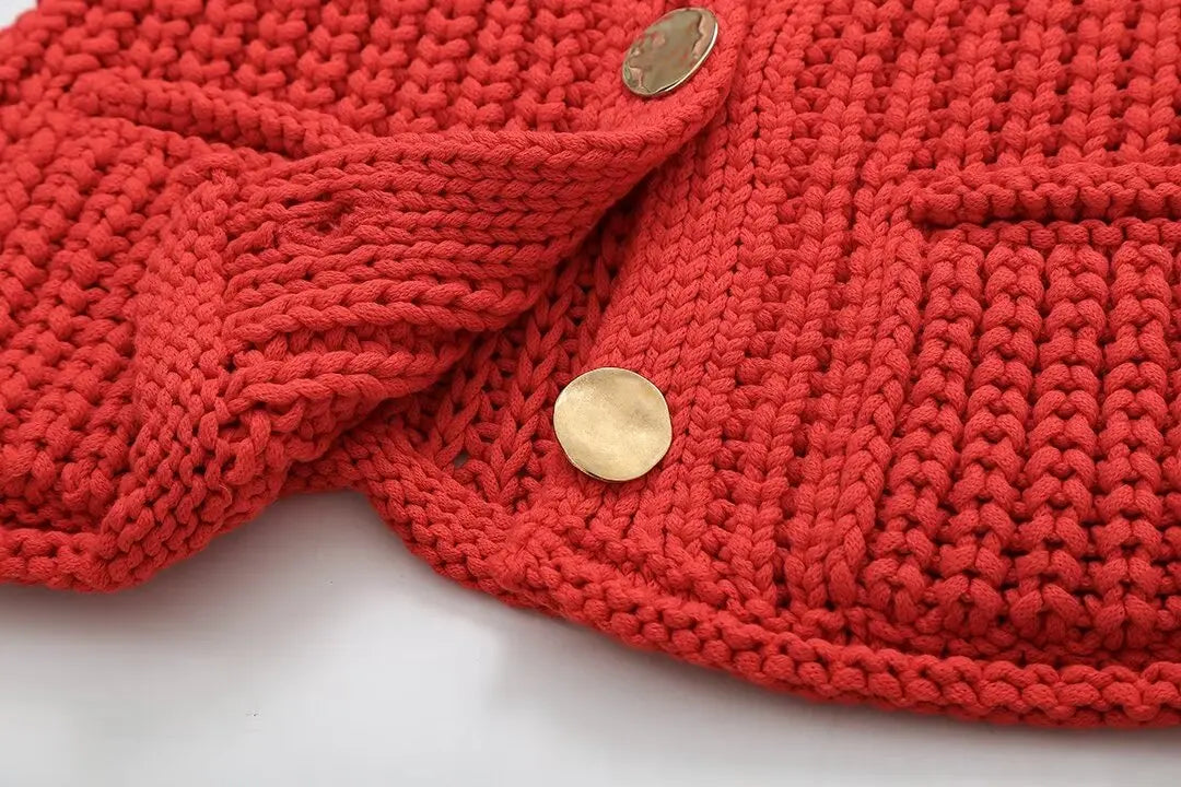 Red Knit Gilet with Gold Buttons