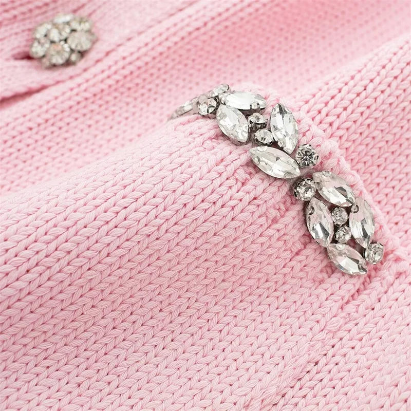 Pink Knit Cardigan Top with Rhinestone