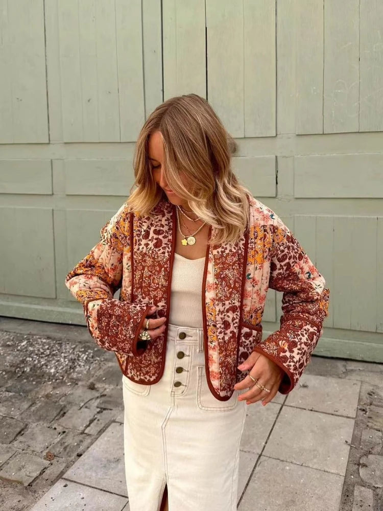 Quilted Warm Florals Patchwork Print Boho Jacket