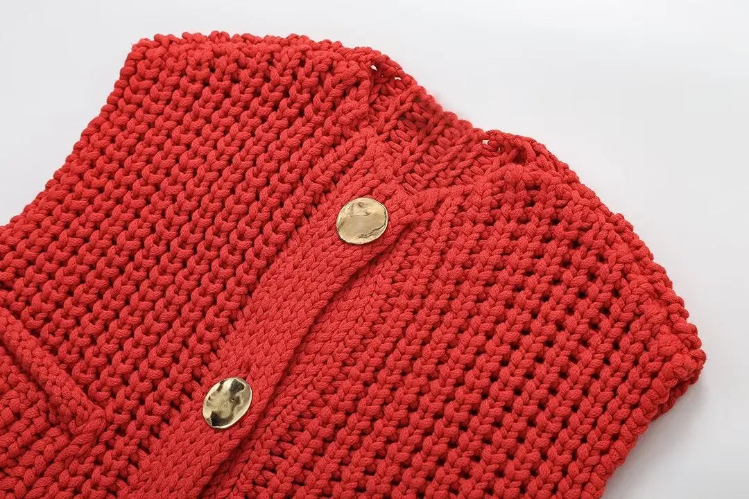 Red Knit Gilet with Gold Buttons