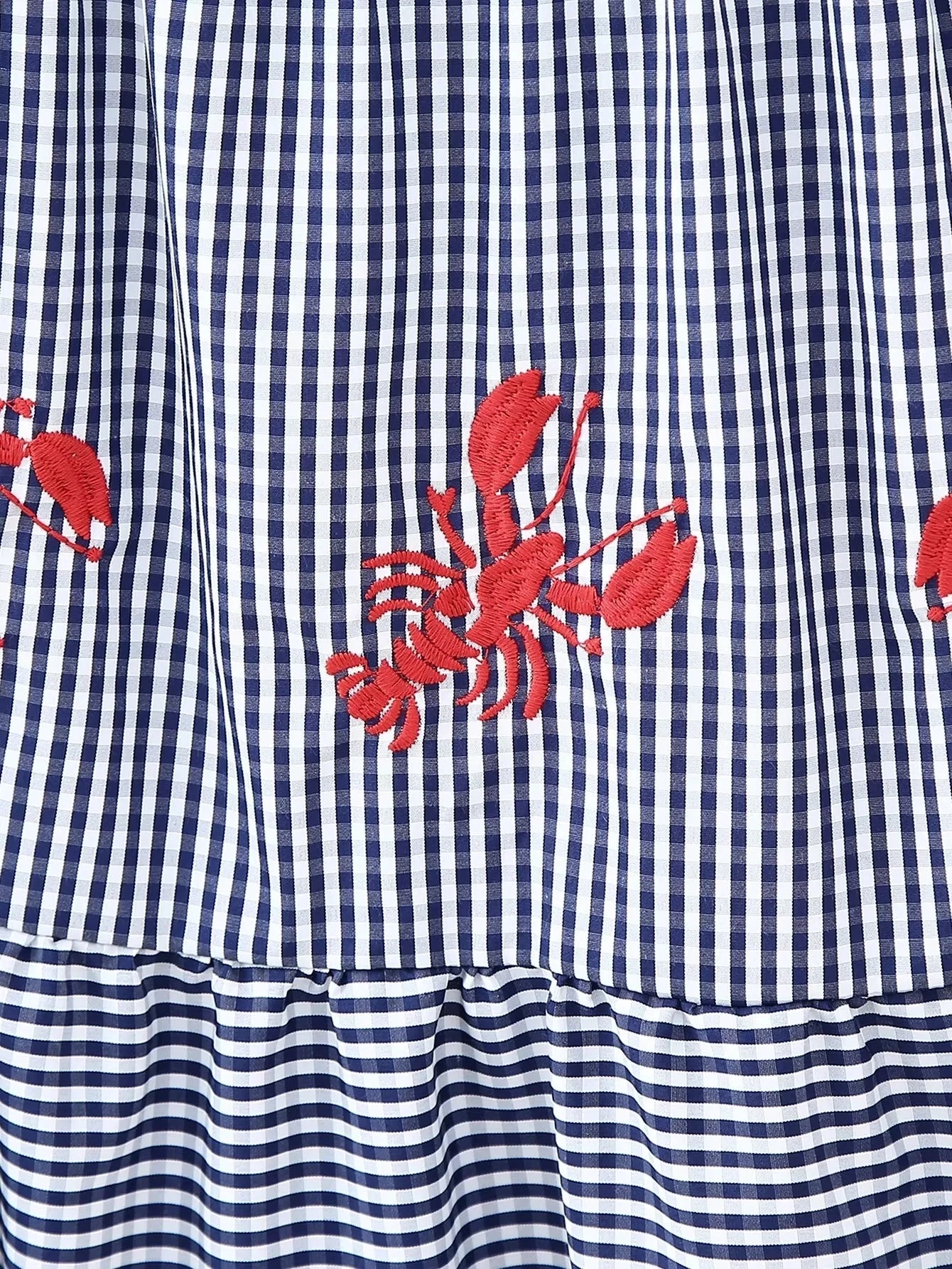 Red Lobster Embroidered Blue Gingham Tiered Dress